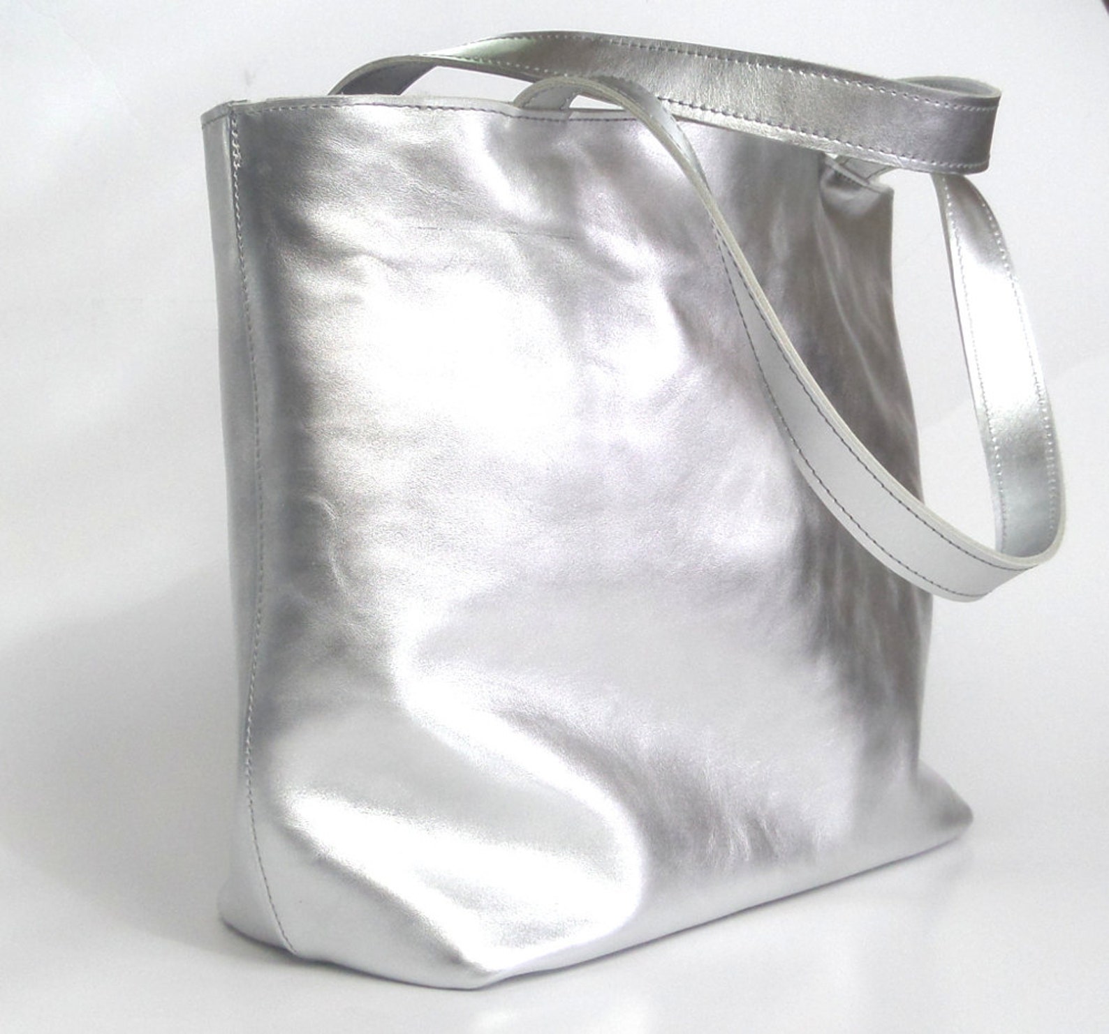A Large Silver Leather Hobo Bag Etsy
