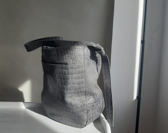 Gray leather shopper bag for women,gray croco bag, slouchly gray bag,  crossbody tote bag, shoulder bag, gift under 40, urban style,