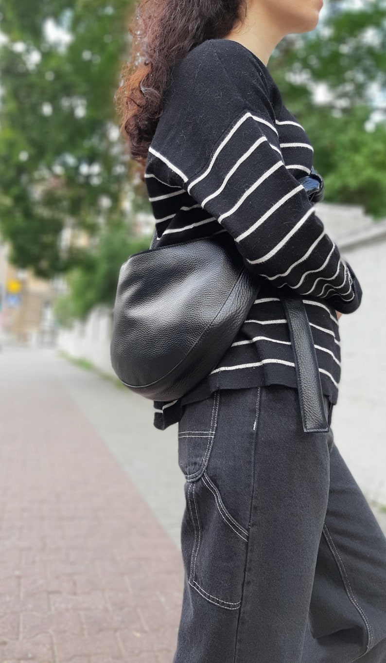 Black banana bag, bag crossbody purse, Medium soft shoulder bag, casual purse, gift for her, street style, tied belt, Black Croissant bag zdjęcie 9