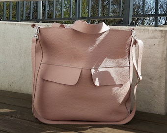 Blush Pink Leather Tote Bag, Zippered, with Pockets