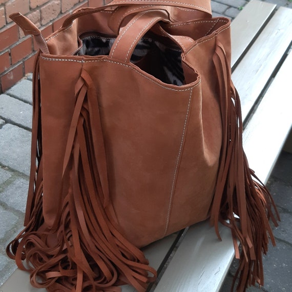 French Tote - with Boho Fringe, Braided Handle Chocolate