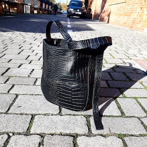 Black Croco bag, Casual  bag, black Embossed leather bag, Large shopper, crocodile bag, Women bag for work