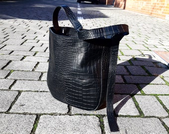 Black Croco Embossed Leather Tote Bag, Large Shopper
