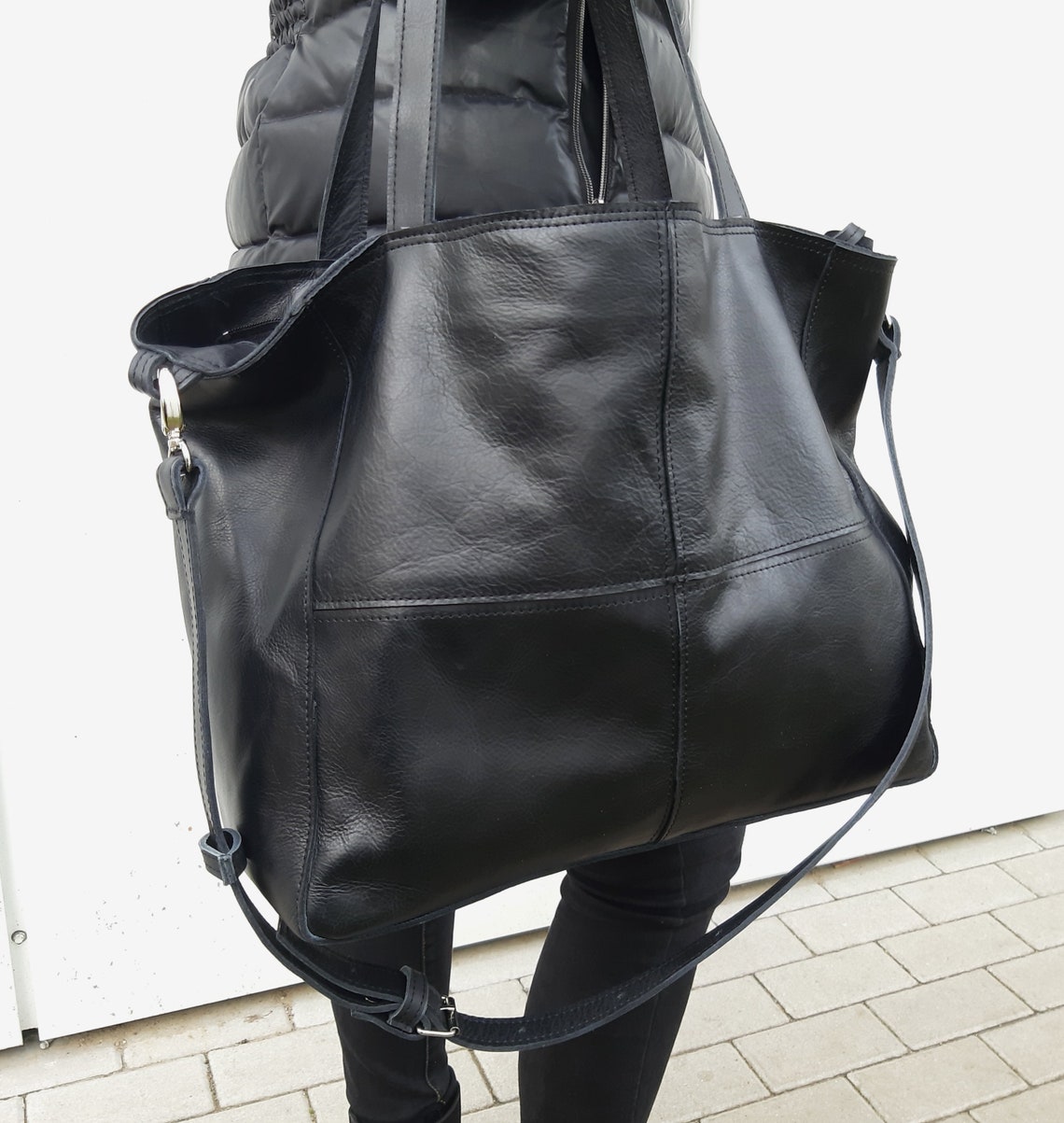 Black Leather Shoulder Bag With Zipper Slouchy Leather Bag - Etsy