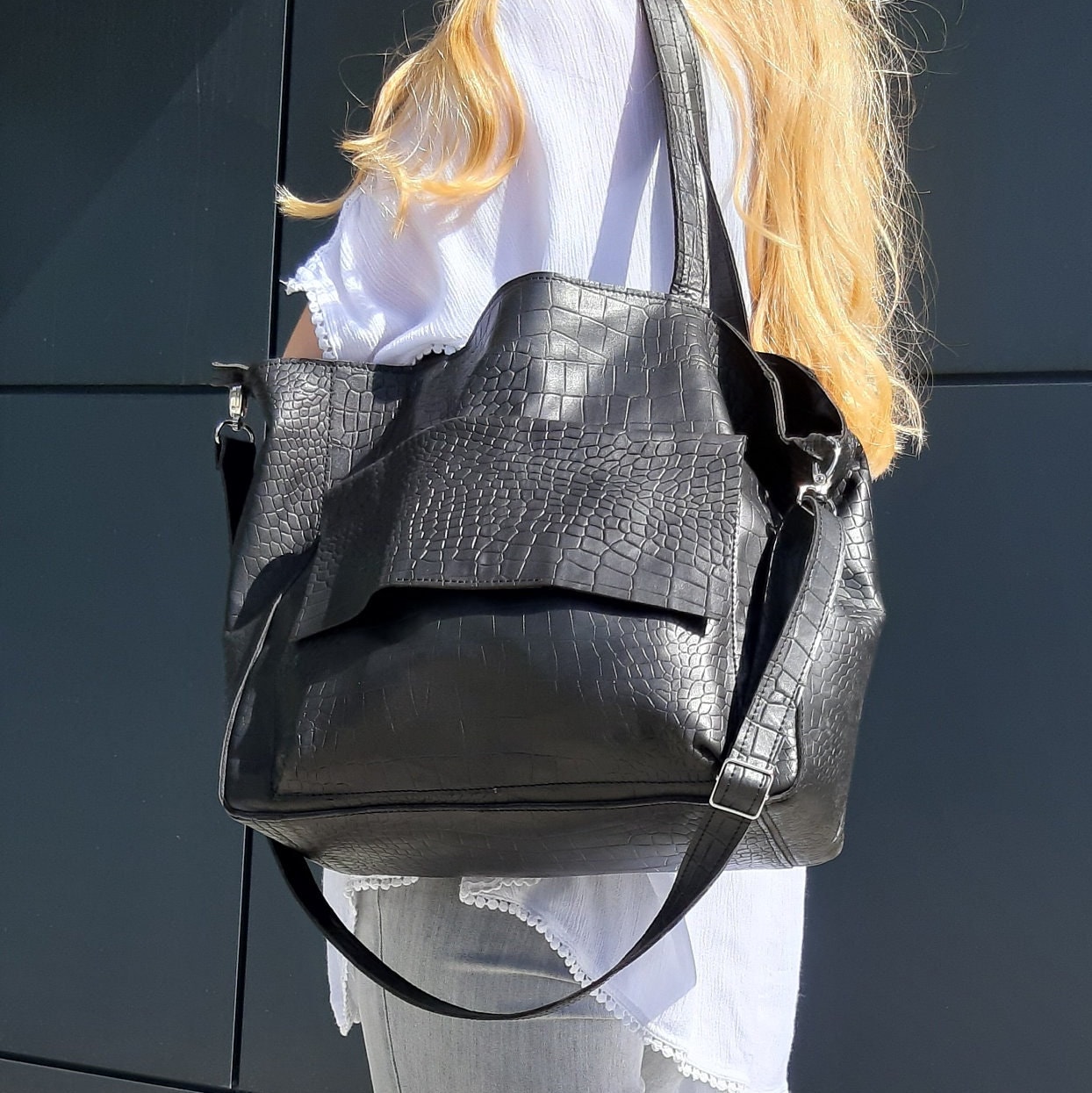 Black Leather tote bag, Croco bag, oversized croco handbag, Large croco shopper bag, crocodile bag, Women bag for work, gift for her