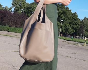 Cappuccino bag, taupe beige leather bag for women, everyday bag, soft fleshy natural leather, gift for sister, sack bag, resort bag
