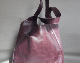 Aubergine hobo tas, slouchly leren tas, aubergine leer, gebogen tas, cadeau voor haar, leren laptoptas, xl leren draagtas