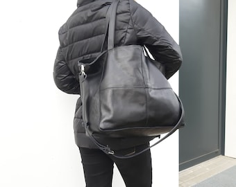 Duża czarna skórzana torba na ramię, torba do pracy, czarna naturalna skóra, prezent dla żony