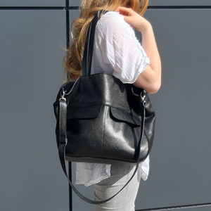 Black leather bag , Leather tote bag, gift gift from husband for the anniversary, gift for graduation, pockets, sporty elegance