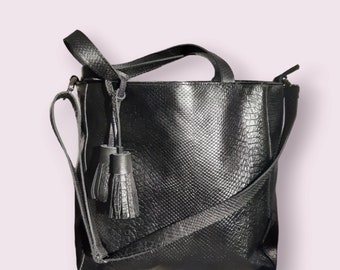 Black large leather bag for women, leather embossed in a lizard, boho style bag, gift for wife,