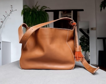 70s Small Burnt Orange Leather Bag, Boho Shoulder Handbag, Mini