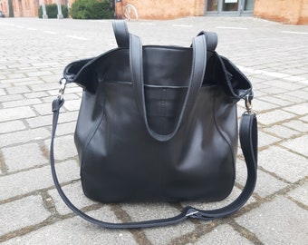 Large black leather bag for women , minimalist fashion bag, all-day work bag, gift for girlfriend, full grain leather