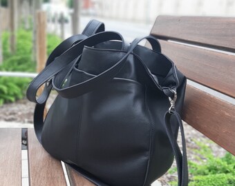 Large black leather bag for women , minimalist fashion bag, all-day work bag, gift for girlfriend, full grain leather