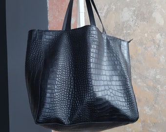 Black Croco bag, Casual grocery bag, oversized handbag, black Embossed leather bag, Large shopper bag, crocodile bag, Women bag for work