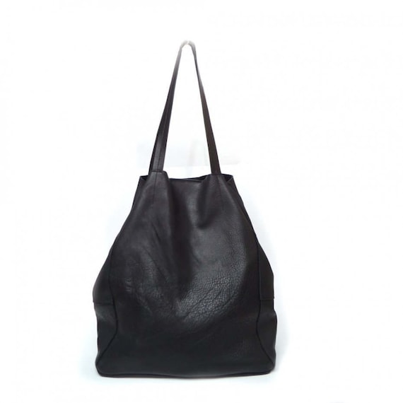 Large Black Full Grain Leather Tote Bag, Minimalist Fashion