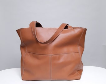 Cognacbruine leren tas, Tan Leather tote bag, cadeau van echtgenoot voor het jubileum, cadeau voor afstuderen, zakken, kameeltas