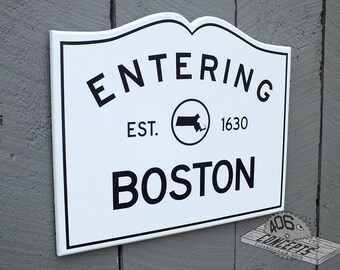 Painted Wooden Entering Boston Sign Massachusetts Outline