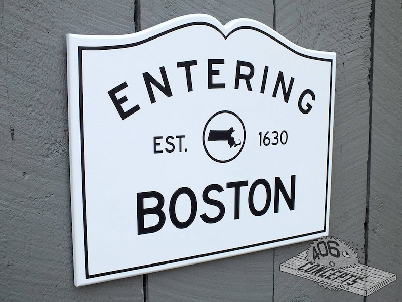 Painted Wooden Entering Boston Sign Massachusetts Outline Etsy