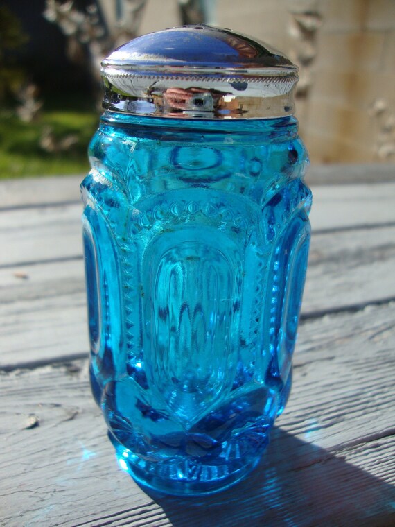 Vintage Blue Molded Glass Salt Shaker With a Metal Lid Etsy