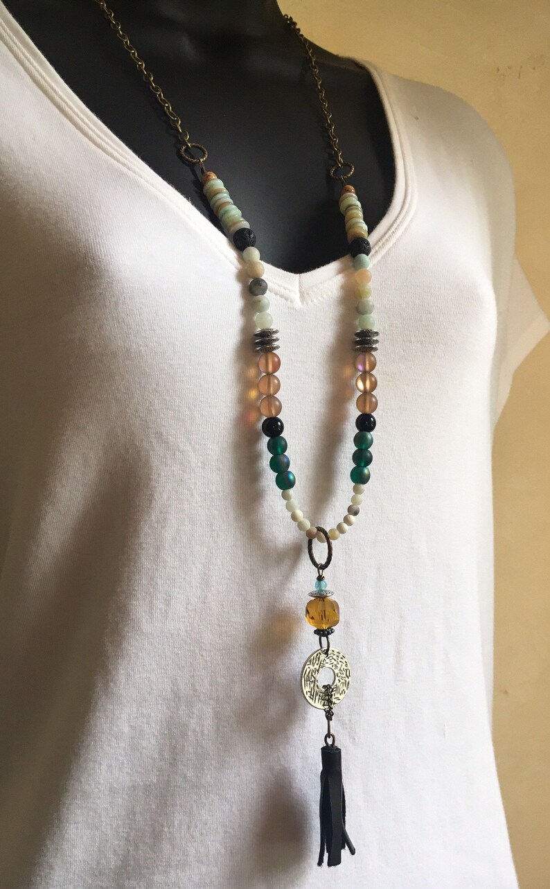 GLASS and STONE Leather 21 inch adjustable long necklace gift for her PlethoraGifts Tassel Necklace