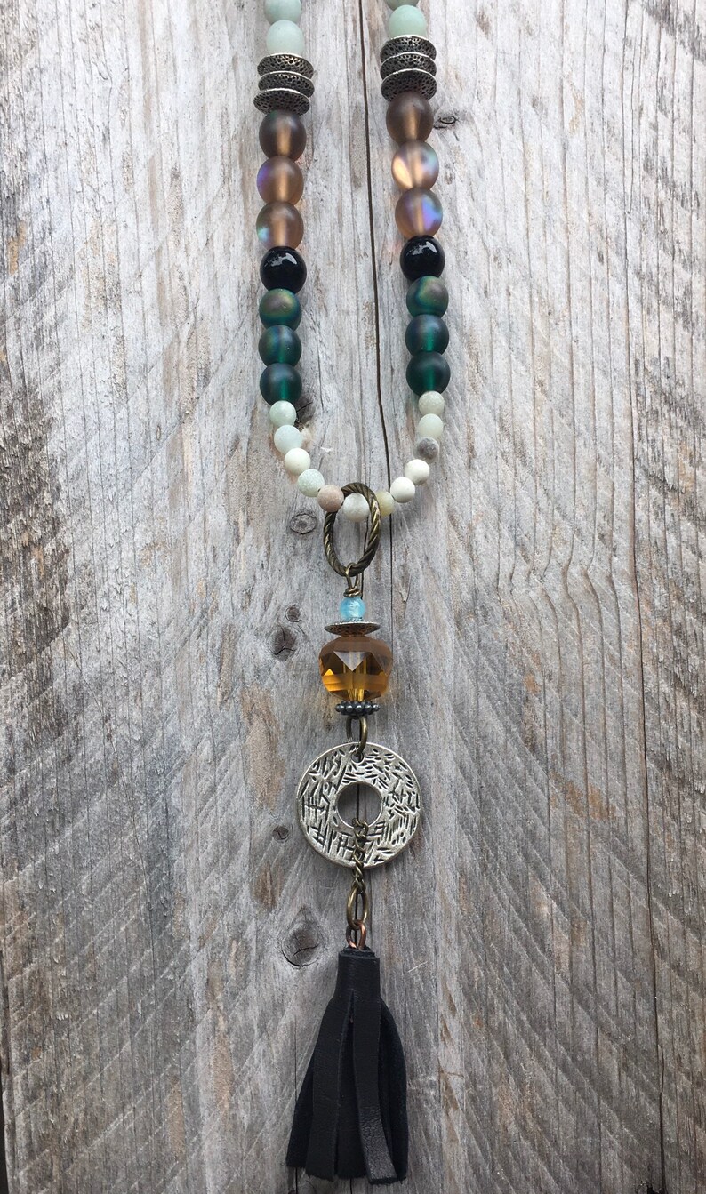 GLASS and STONE Leather 21 inch adjustable long necklace gift for her PlethoraGifts Tassel Necklace