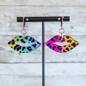 Lisa Frank Inspired Lips Earrings - Rainbow Leopard Print, Laser Cut