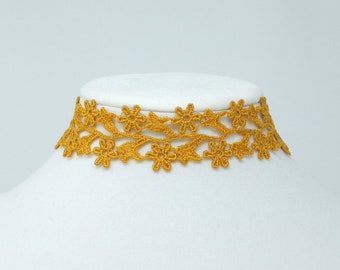 Wide Choker with Honeycomb Color Lace, Sexy Embroidered Choker with Floral Pattern, Golden Yellow Flower Choker, Unique Jewelry Women's Gift