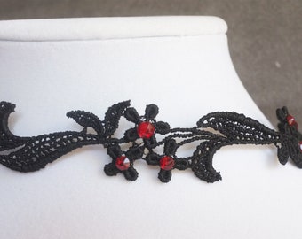 Formal Gothic Choker with Red Rhinestones, Sexy Choker for Gothic Bride, Lace Up Choker with Red Rhinestones, Black Collar Choker for Women