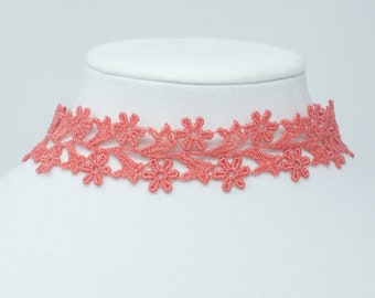 Coral Pink Wide Choker, Salmon Pink Choker for Women, Anniversary Gift for Wife, Floral Lace Choker, Coral Necklace, Floral Lace Necklace