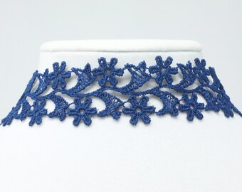 Blue Lace Choker Necklace, Navy Lace Necklace, Dark Blue Wide Choker, Indigo Flower Choker, Royal Blue Jewelry Gift Under 30, Sexy Choker