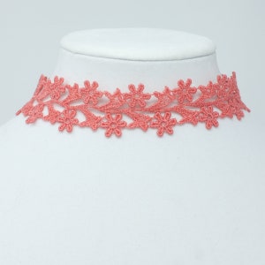 Coral Pink Wide Choker, Salmon Pink Choker for Women, Anniversary Gift for Wife, Floral Lace Choker, Coral Necklace, Floral Lace Necklace