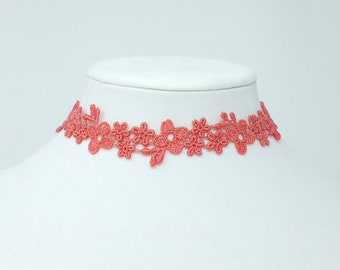 Pink Coral Lace Necklace, Boho Choker made with Floral Lace, Choker Collar with Floral Pattern, Sexy Flower Choker, Unique Jewelry Gift