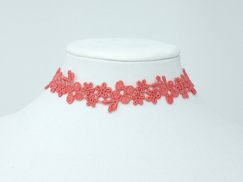 Pink Coral Lace Necklace, Boho Choker made with Floral Lace, Choker Collar with Floral Pattern, Sexy Flower Choker, Unique Jewelry Gift image 1