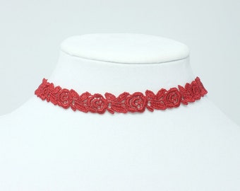 Red Orange Lace Choker with Embroidered Roses, Sexy Choker Collar for Women, Lace Jewelry Gift Under 30, Lace Choker with Rose Flower Design