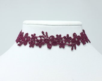 Burgundy Lace Up Choker, Floral Choker for Women, Sexy Dark Red Women Choker Collar, Lace Choker Necklace with Burgundy Ribbon, Jewelry Gift