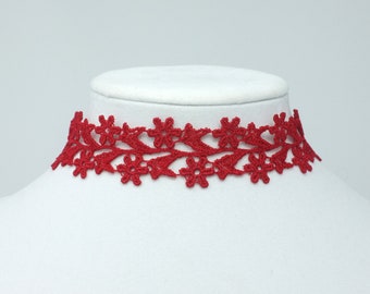 Red Lace Choker for Women, Red Wide Floral Choker, Sexy Adjustable Choker, 1-inch Wide Choker Necklace, Women Choker Collar, Gift Under 30