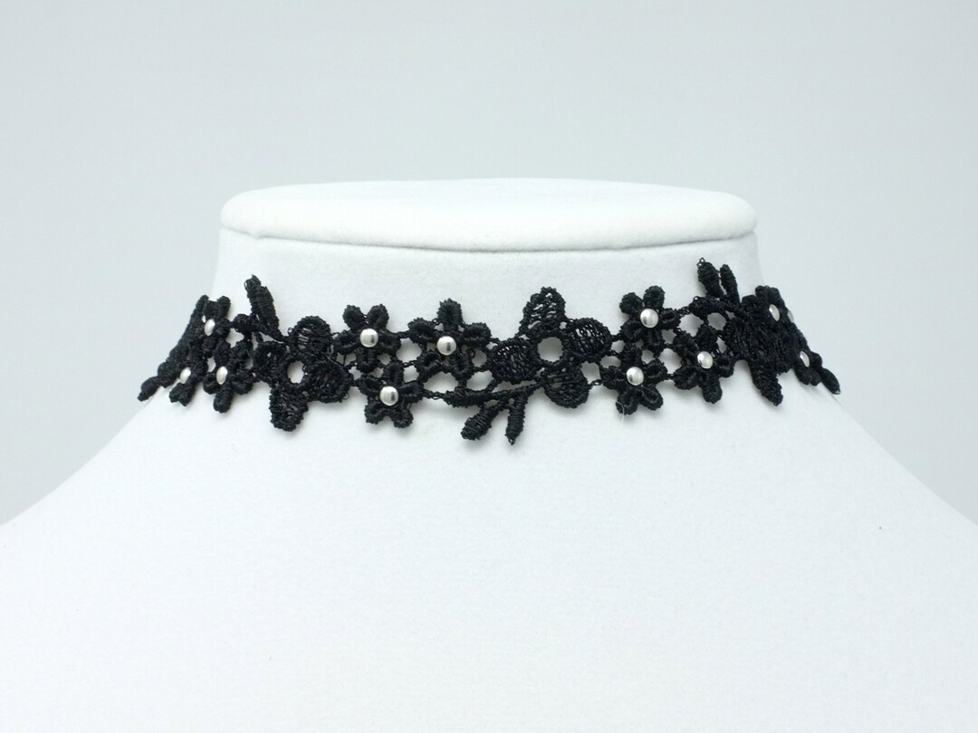 Black Flower Lace Choker With Silver Studs, Black and Silver Choker ...