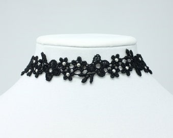 Black Flower Lace Choker with Silver Studs, Black and Silver Choker Collar for Woman