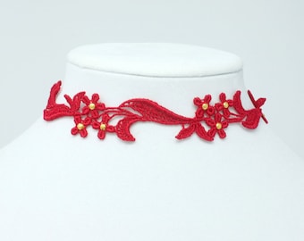 Sexy Lace Choker with Floral Lace Pattern, Custom Size Choker with Ribbon, Red Flower Necklace, Sparkly Choker with Gold Beads, Jewelry Gift