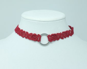 Red BDSM Collar with Silver O Ring, Dainty Submissive Collar for Women