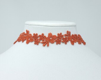 Burnt Orange Flower Choker for Women, Sexy Orange Lace Necklace, Dark Orange Daisy Choker, Unique Jewelry Gift for Women, Embroidered Choker