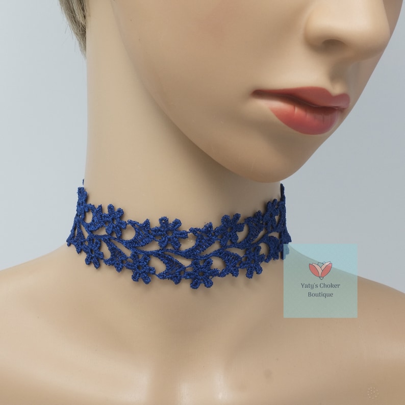 Floral Lace Wide Choker Navy Collar Choker for Women Womens Choker Collar 1-inch Blue Lace Necklace Blue Lace Choker with Flowers