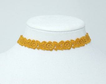 Honeycomb Flower Necklace for Women, Thin Lace Choker Necklace, Yellow Rose Necklace for Wedding,  Womens Choker Collar, Unique Jewelry Gift