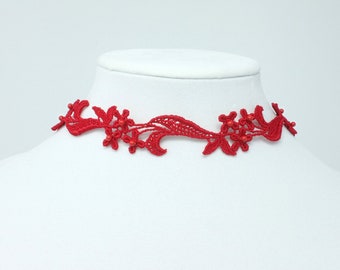 Red Choker Necklace embellished with Red Pearls, Adjustable Choker with metal clasp, Red Lace Up Choker with Silk Ribbon, Sexy Floral Choker