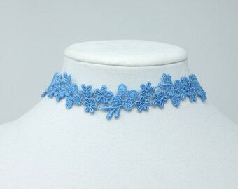 Light Blue Flower Choker with Blue Ribbon, Something Blue Idea for Wedding, Celestial Blue Lace Choker Necklace,  Bridal Jewelry Gift