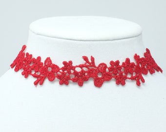 Red Lace Choker for Women, Sexy Floral Choker, Lace Up Choker Collar, Red Choker Necklace with Ribbon, Custom Size Choker