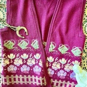CULTIVATE Vintage purple/wine knitted wool deep V sweater vest with floral pattern and buttons