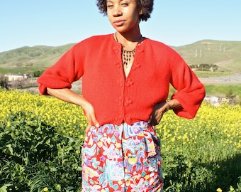 CATCH UP! Vintage red abstract tropical print high waisted button down midi skirt with pockets