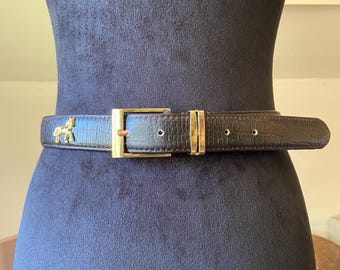 MANE CHICK Vintage faux leather chocolate brown belt with gold horse accents