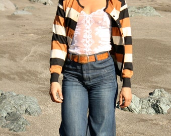 PUMPKIN PIE Vintage long sleeve horizontal striped button up black, beige, and caramel cardigan